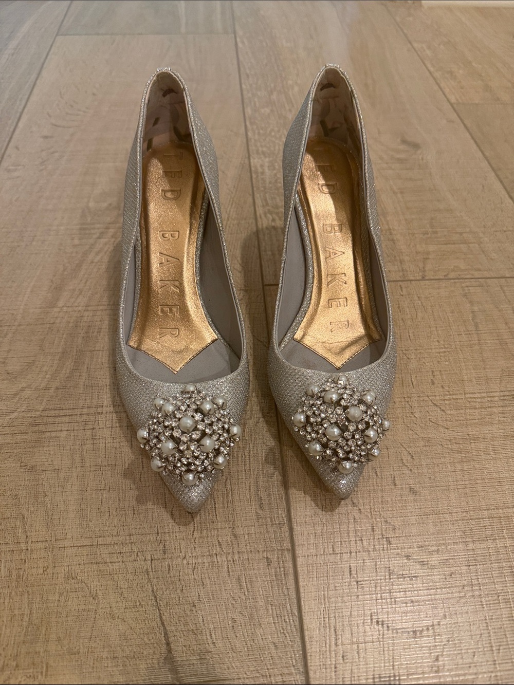 Ted Baker Silver Pearl & Crystal Pointed Toe Pumps
